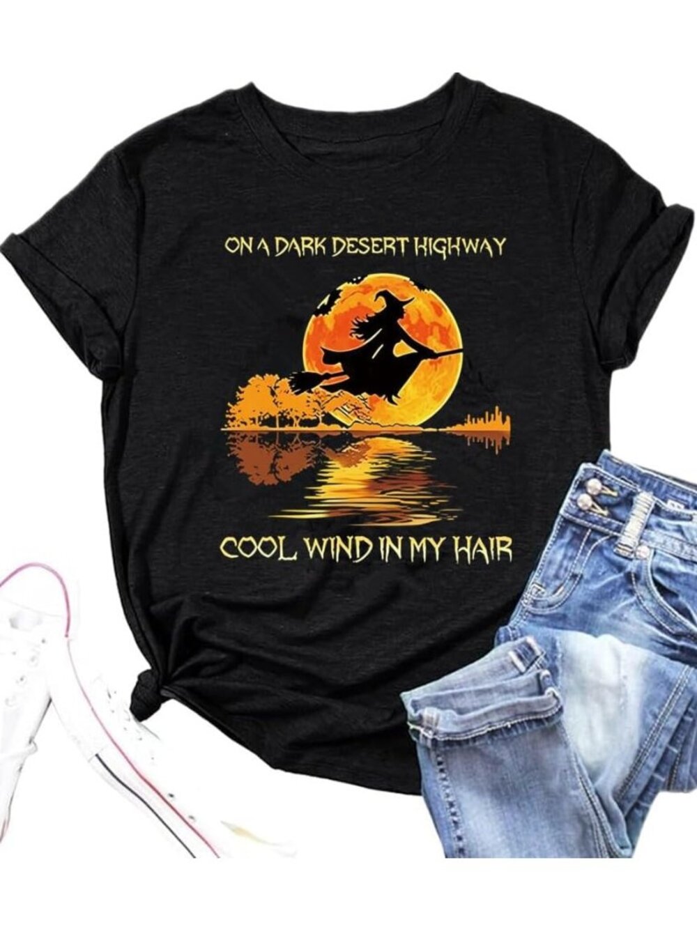 🆕 Women's Black Dark Desert Highway Witch Moon Halloween Graphic Tee Shirt